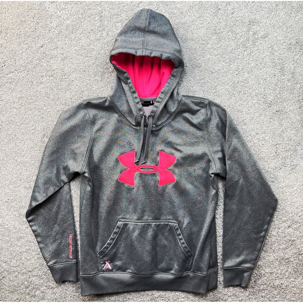 Under Armour Women M Gray Pink Ribbon Hoodie Sweatshirt Breast Cancer Awareness